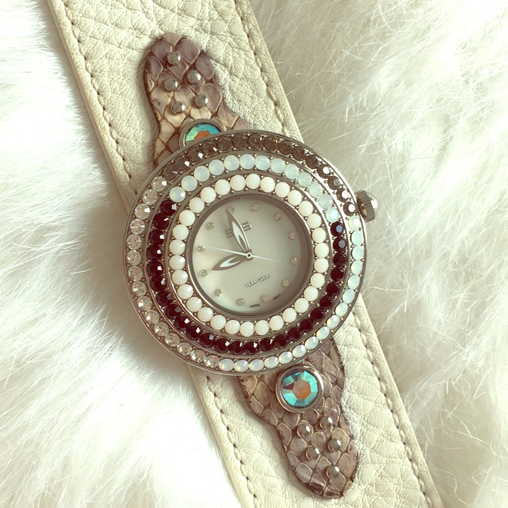 EOS white Leather Watch w/ 120 Swarovski crystals